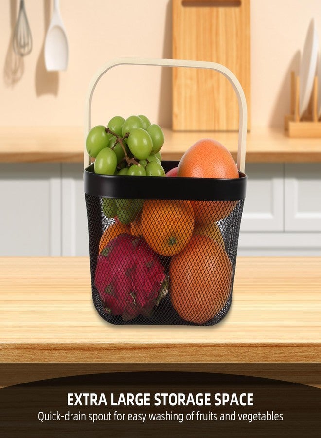 MACOIOR Mesh Steel Harvest Basket with Wood Handle,Hanging Kitchen Baskets Outdoor Basket,Harvest Basket for Garden Vegetables,for Shopping Garden Kitchen Bathroom Home(Black) - Image 2